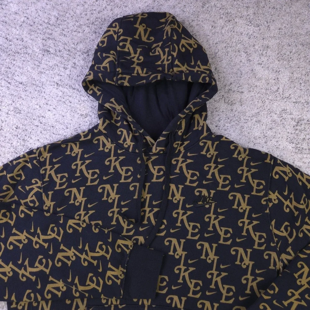 Nike Hoodie Mens Medium AOP Sweatshirt Fleece Sportswear Black Gold Monogram